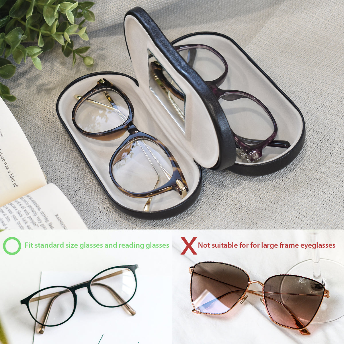 #EYC-1688BK Dual Portable Eyeglass Hard Shell Leatherette Case With Soft Flocked Fabrics Inside