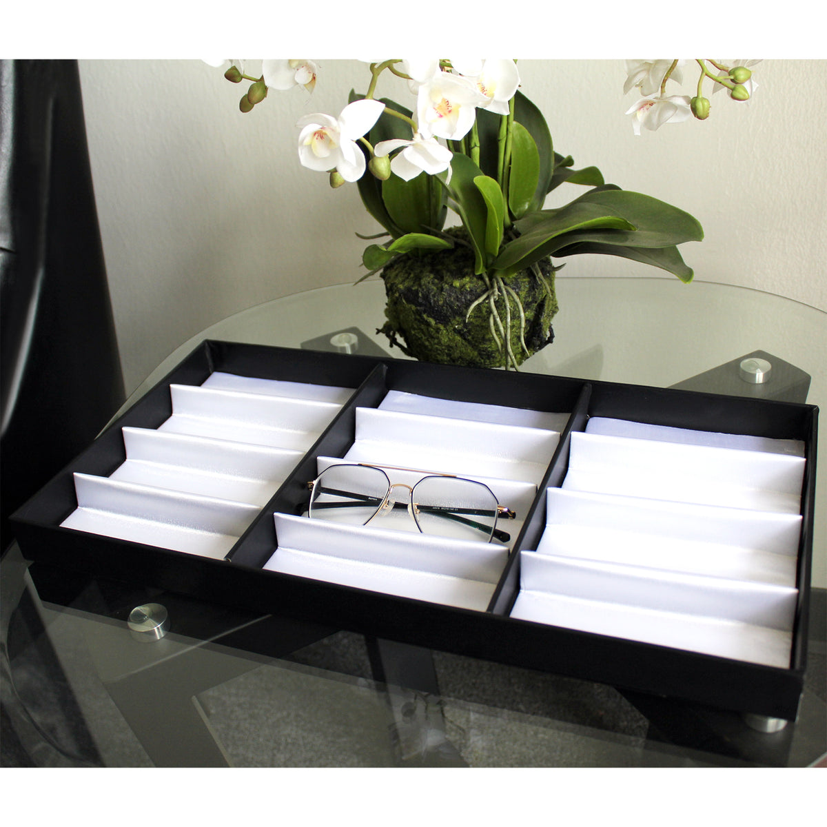 #TR-34BP (BK) Leatherette Wooden Eyewear  Tray 19" x 9 3/4"x 1 1/4"H. For Up To 12 Frames. | APEX International