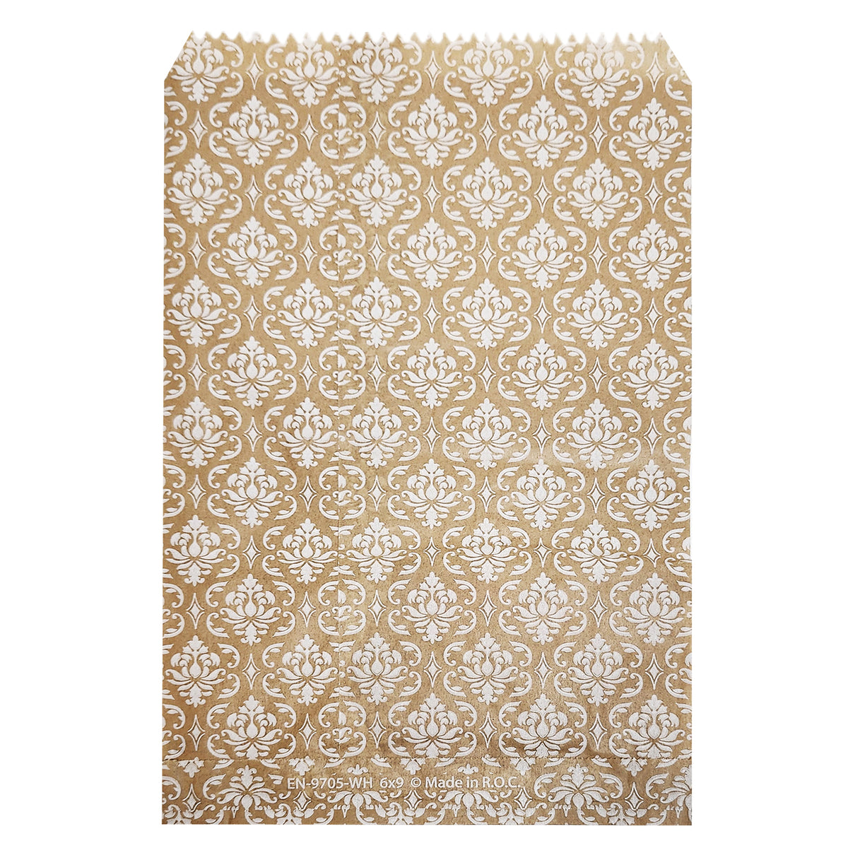 #EN-9705-WH White Damask Kraft Gift Bags 6"WX9"H