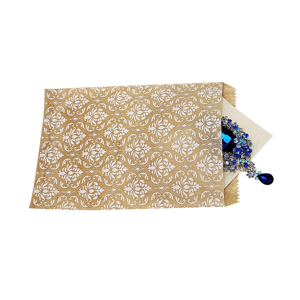 #EN-9706-WH White Damask Kraft Gift Bags 5"WX7"H