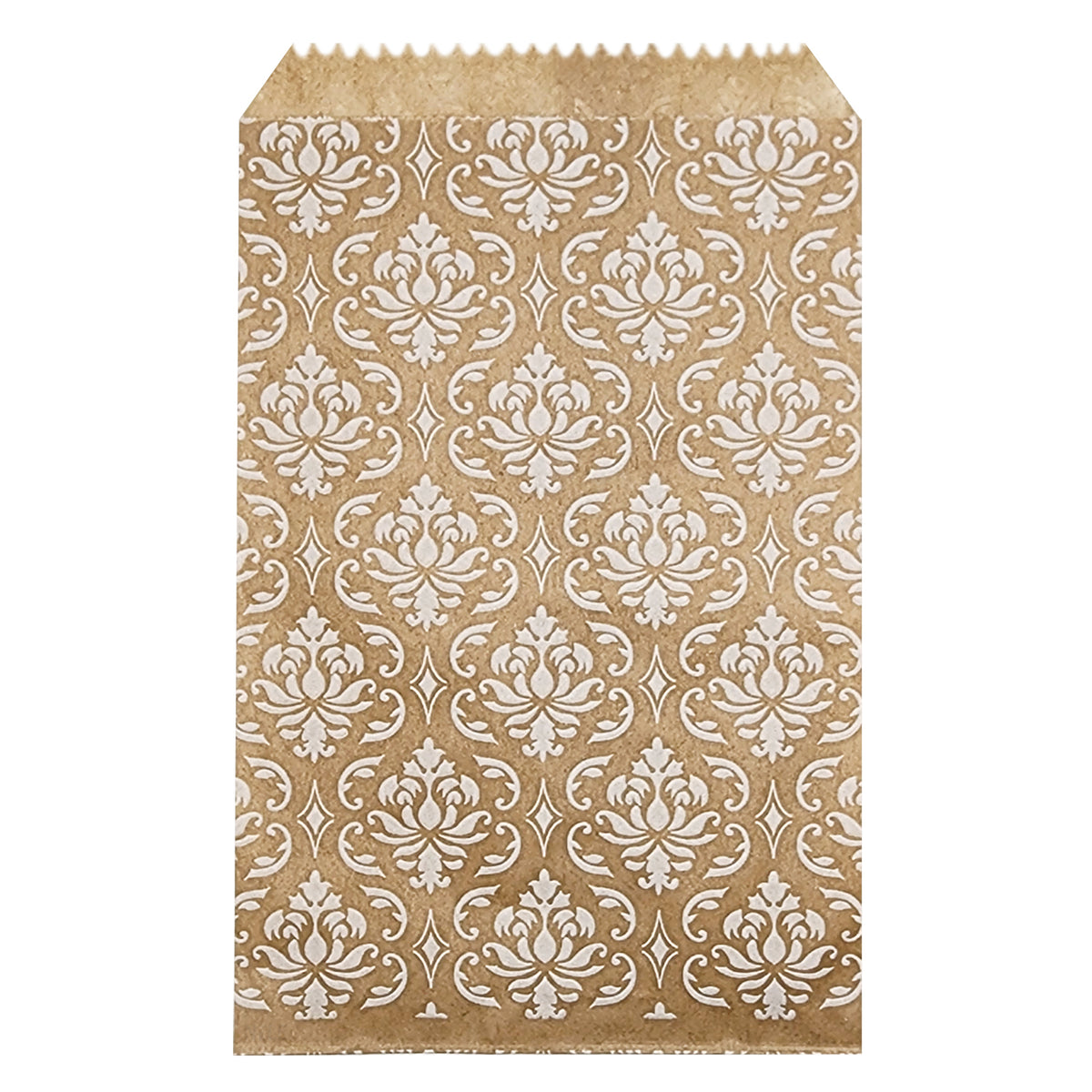 #EN-9707-WH White Damask Kraft Gift Bags 4"WX6"H