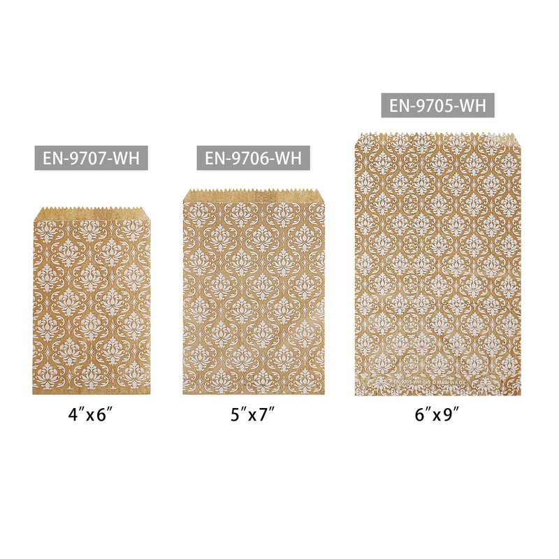 #EN-9707-WH White Damask Kraft Gift Bags 4"WX6"H