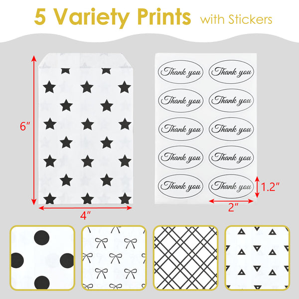 #EN8907x2 Paper Gift Bag 4''W x 6''H in 5 Variety Prints with 200 Stickers