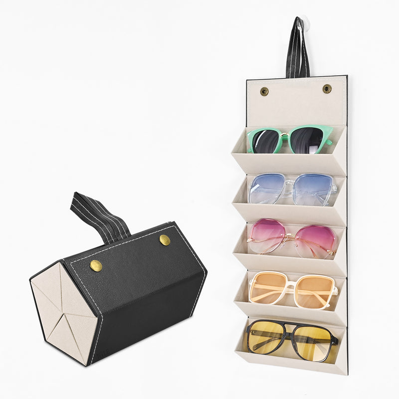 #EYC-4005BK Leatherette Eyewear Case Hanging Foldable Storage Boxe For Five Glasses