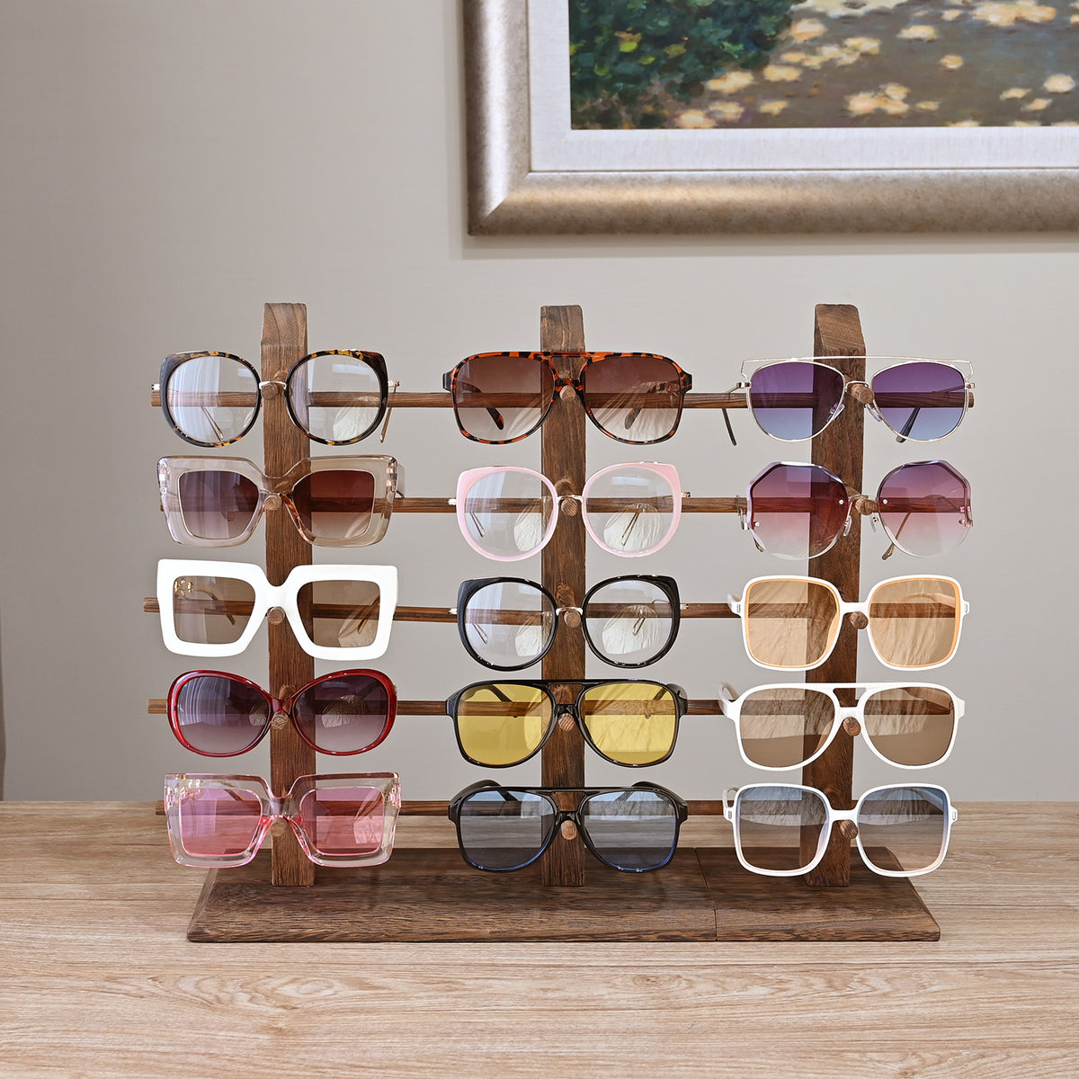 Wooden Sunglasses Rack Organizer for upto 15 eyewear items, Brown Color