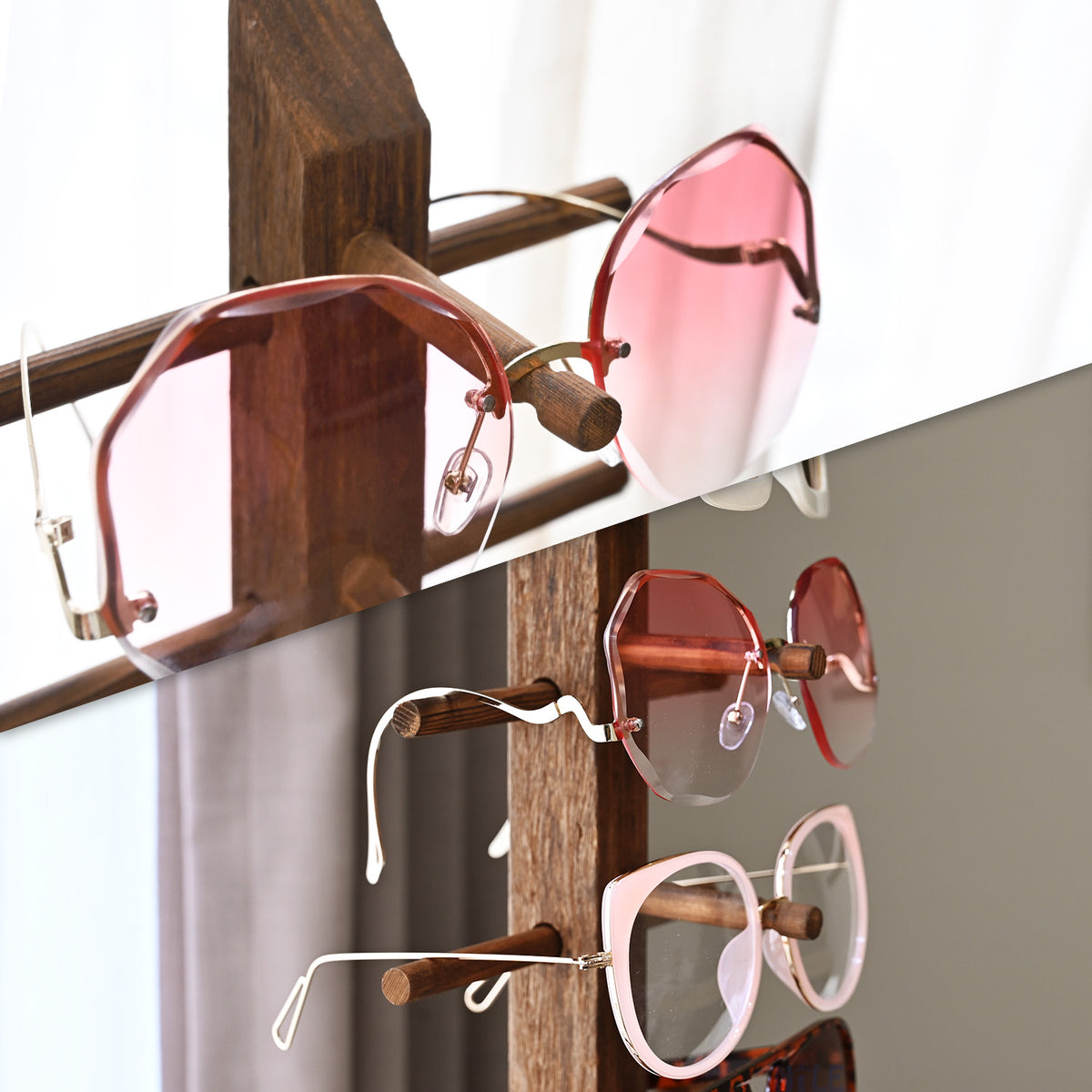 Wooden Sunglasses Rack Organizer for upto 15 eyewear items, Brown Color