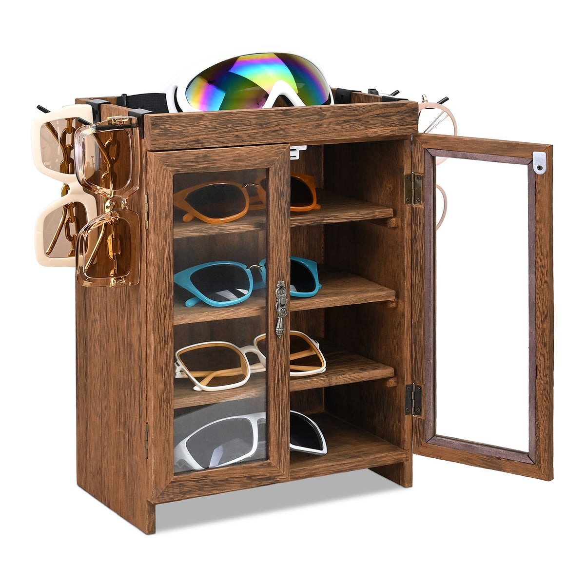 #WD7640  Wooden Countertop Multipurpose Storage Cabinet with Removable Shelves for Kitchen, Vanity, Glass Window Door with 4 Metal Hooks