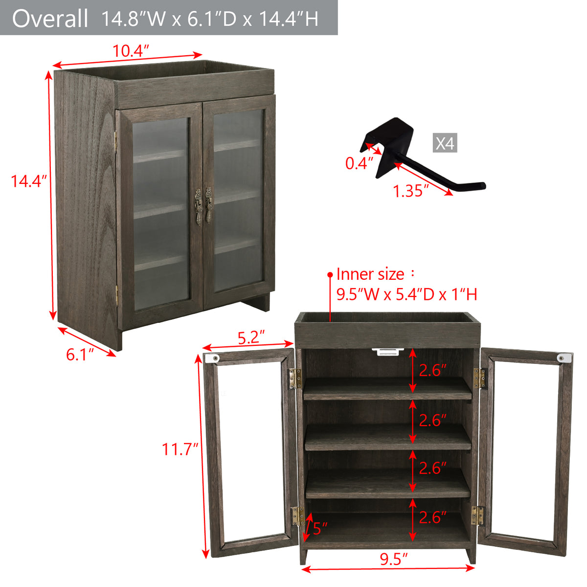 #WD7640  Wooden Countertop Multipurpose Storage Cabinet with Removable Shelves for Kitchen, Vanity, Glass Window Door with 4 Metal Hooks