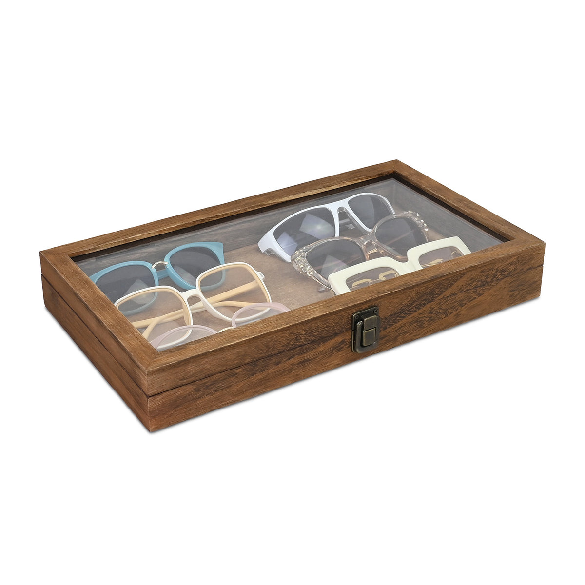 #WD83C Antique Wood Storage Case with Tempered Glass View Top