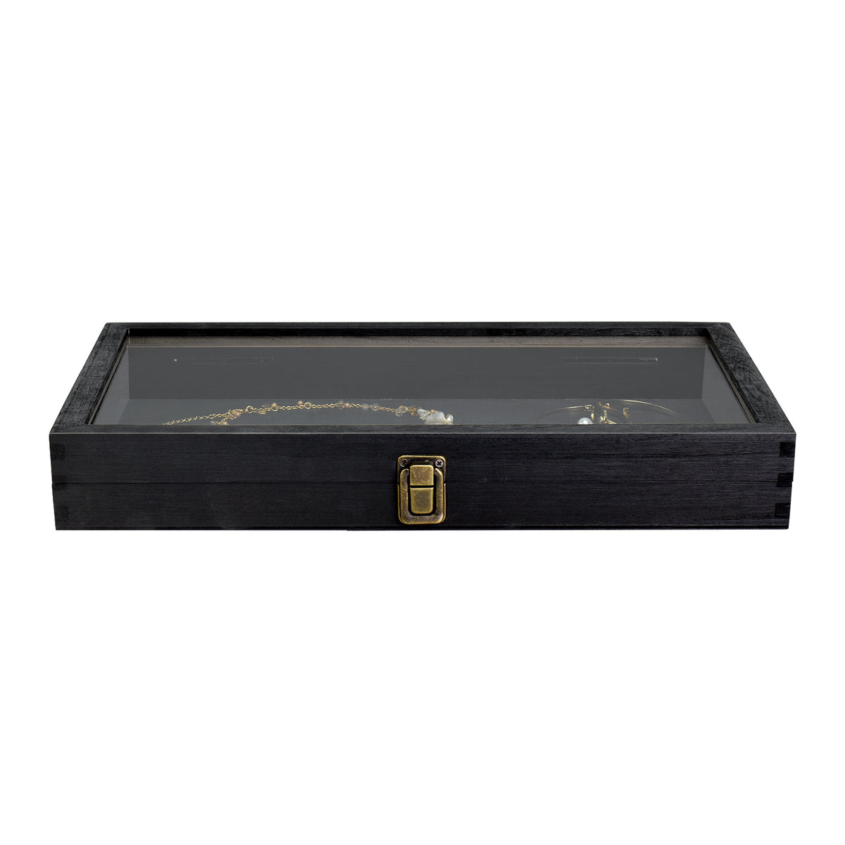 #WD83C Antique Wood Storage Case with Tempered Glass View Top