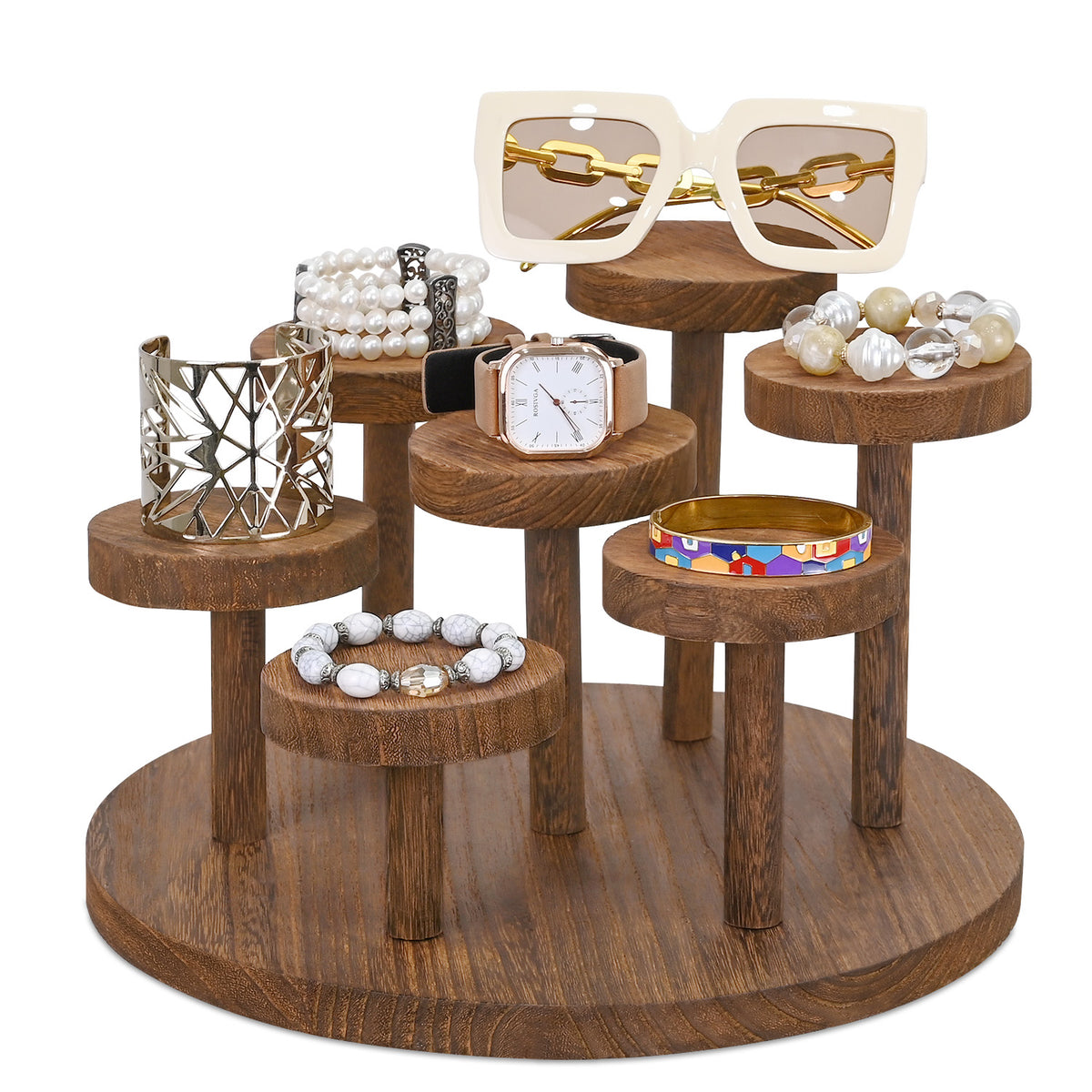 This 7-tier wooden riser display stand maximizes space with its multi-level design while adding a touch of sophistication to any countertop.