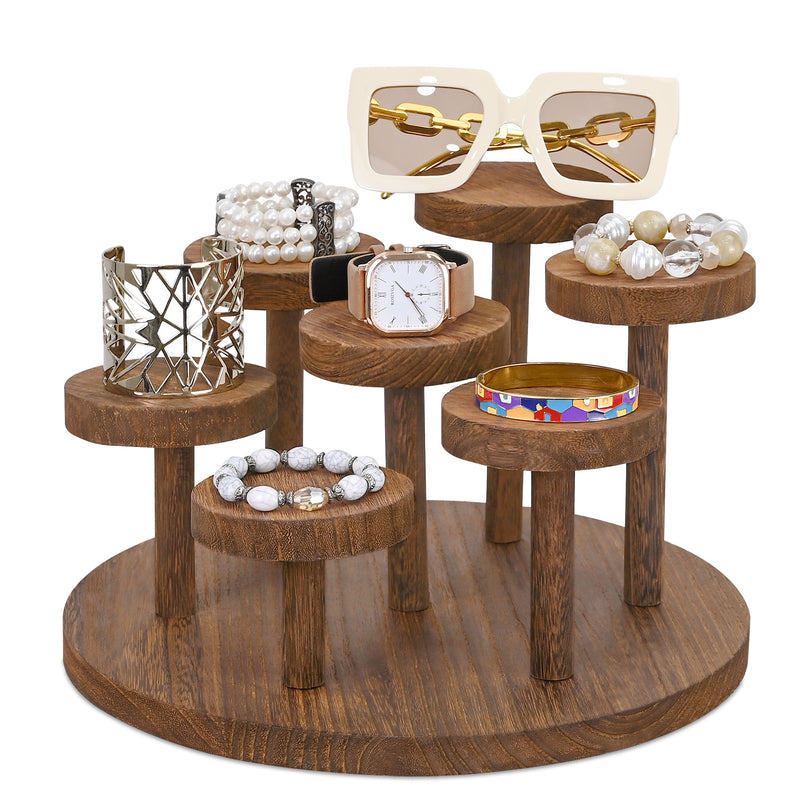 This 7-tier wooden riser display stand maximizes space with its multi-level design while adding a touch of sophistication to any countertop.