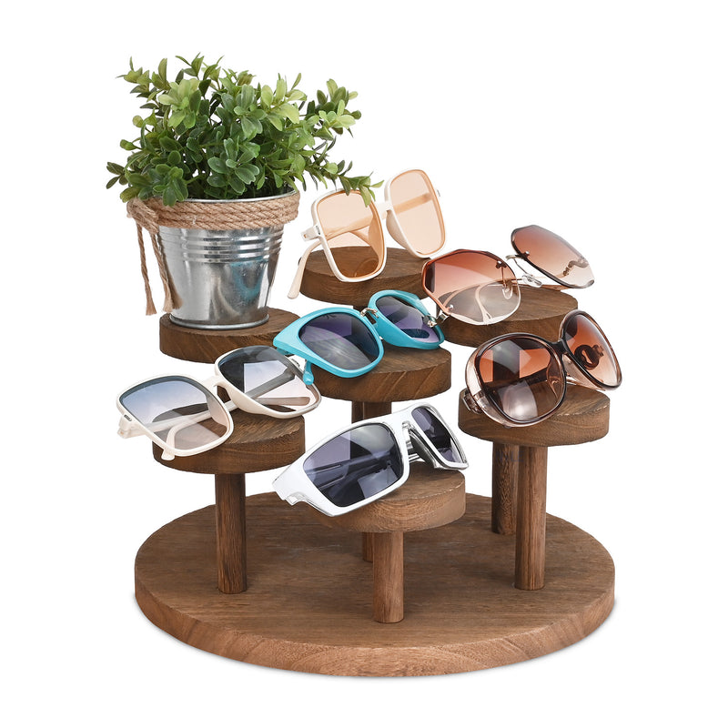 This 7-tier wooden riser display stand maximizes space with its multi-level design while adding a touch of sophistication to any countertop.