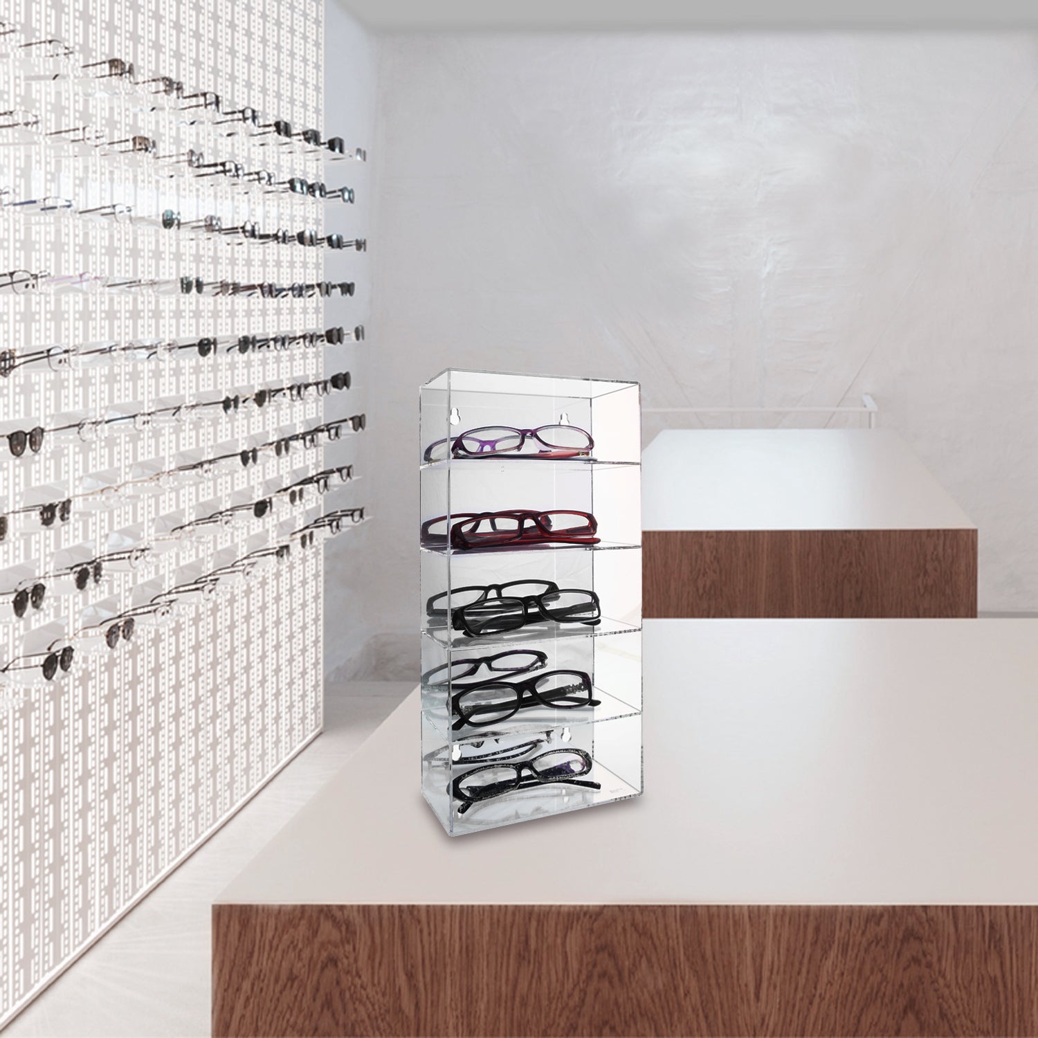 #DP320 Acrylic Five Shelves Eyewear Case Display with Mirror Back