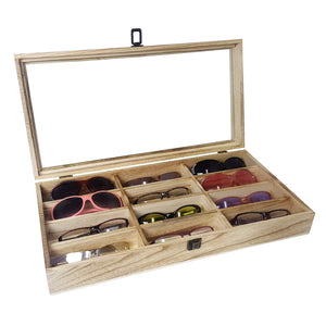 #WDEY515 Antique Wooden Tray with Tempered Glass Top for 12 Eyewear